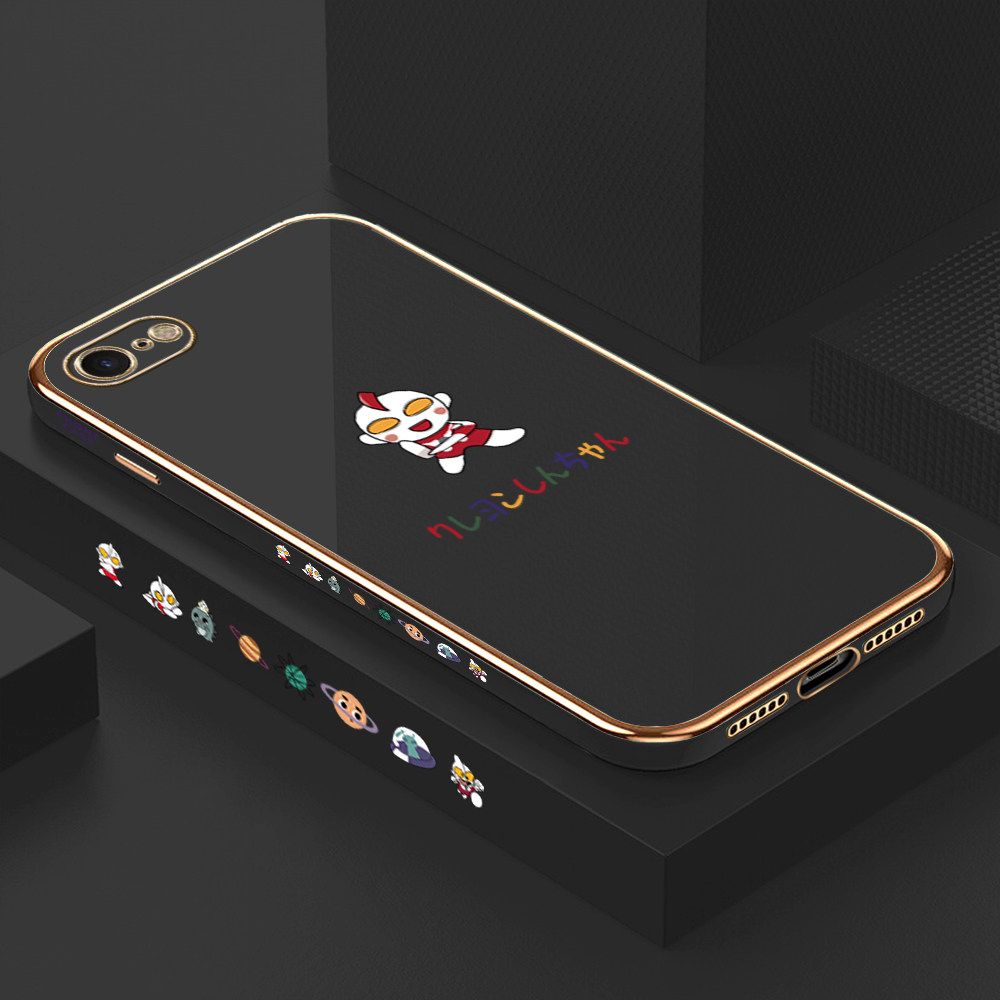 Luxury 6D Plating Case for iPhone 7 Cute Cartoon Side Pattern Back Cover Soft Silicone Square Frame Shiny Bling Phone Cases + Free Lanyard