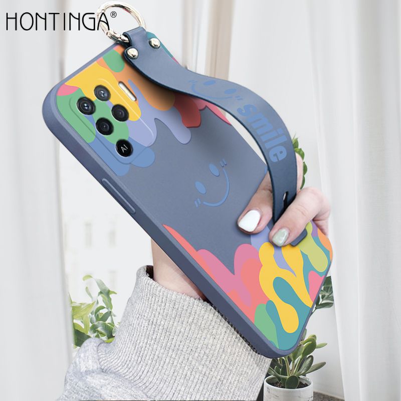 Hontinga for OPPO F19 Pro / A94 / Reno5 F Wrist Strap Case Soft Candy Color Splash Ink Cover Trend Square Printed Pattern Liquid Silicone Phone Case