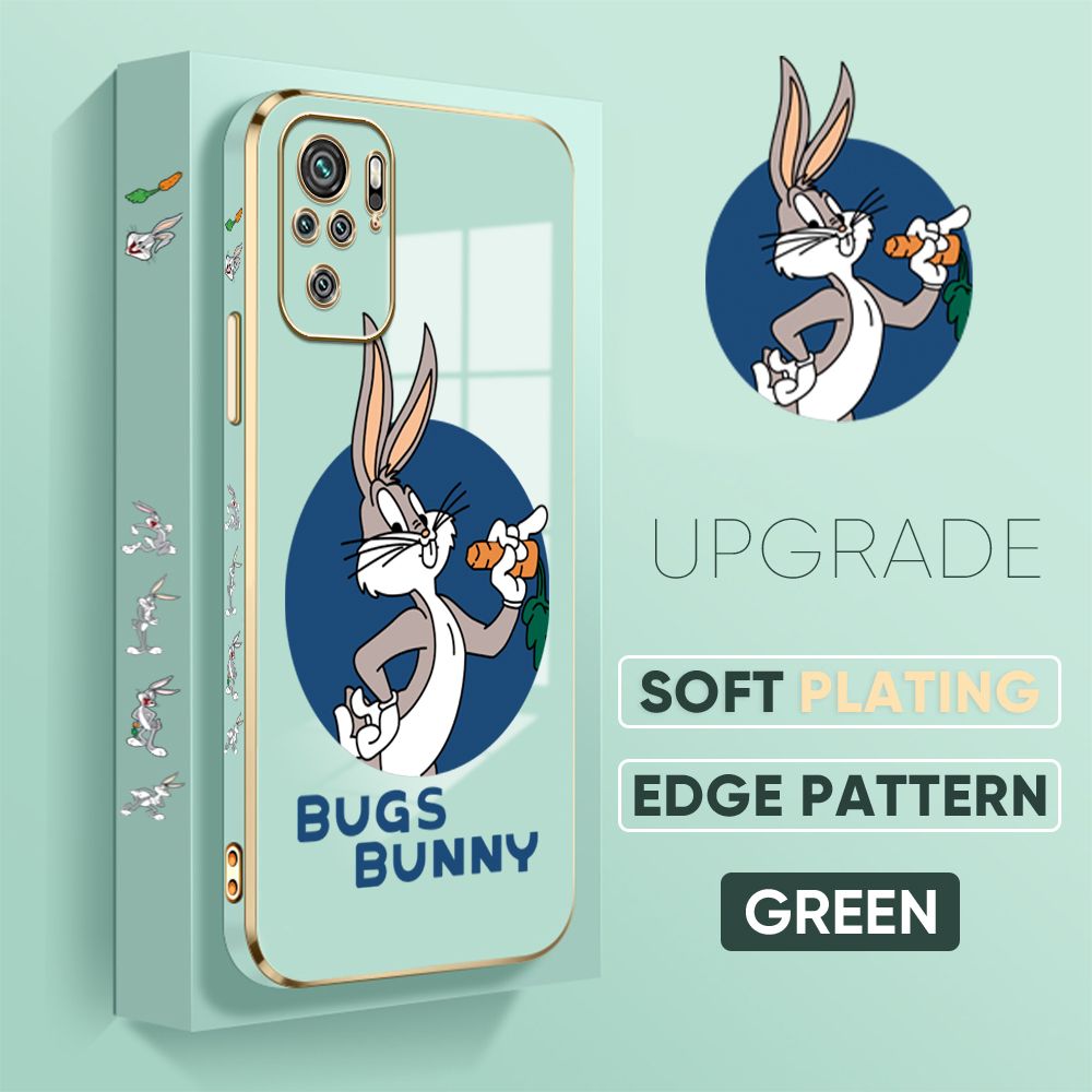 Jizetin (Free Lanyard) Redmi Note 10S / Note 10 Back Cover Anime Rabbit Luxury 6D Plating Case Side Pattern Soft Silicone Square Mobile Phone Cases