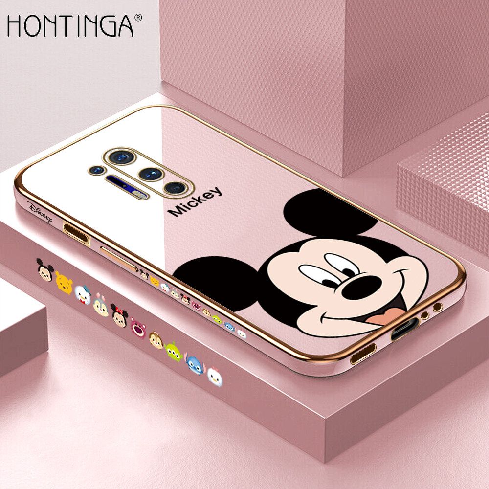 Hontinga for OnePlus 8 Pro Back Cover + Free Lanyard Luxury 6D Plating Cartoon Mouse Side Pattern Case Soft Silicone Square Mobile Cover