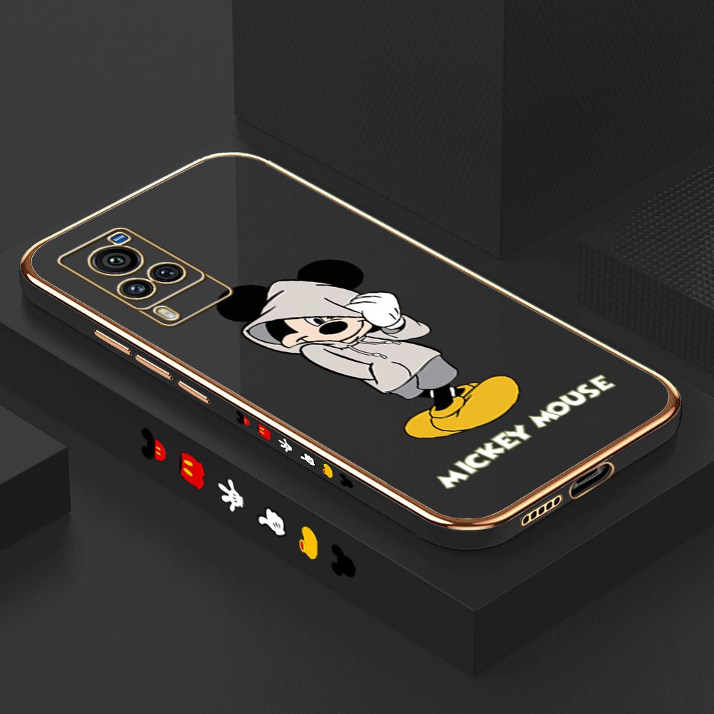 Luxury 6D Plating Case for Vivo X60 Pro Cartoon Cool Mouse Side Pattern Back Cover Soft Silicone Square Frame Shiny Bling Phone Cases + Free Lanyard