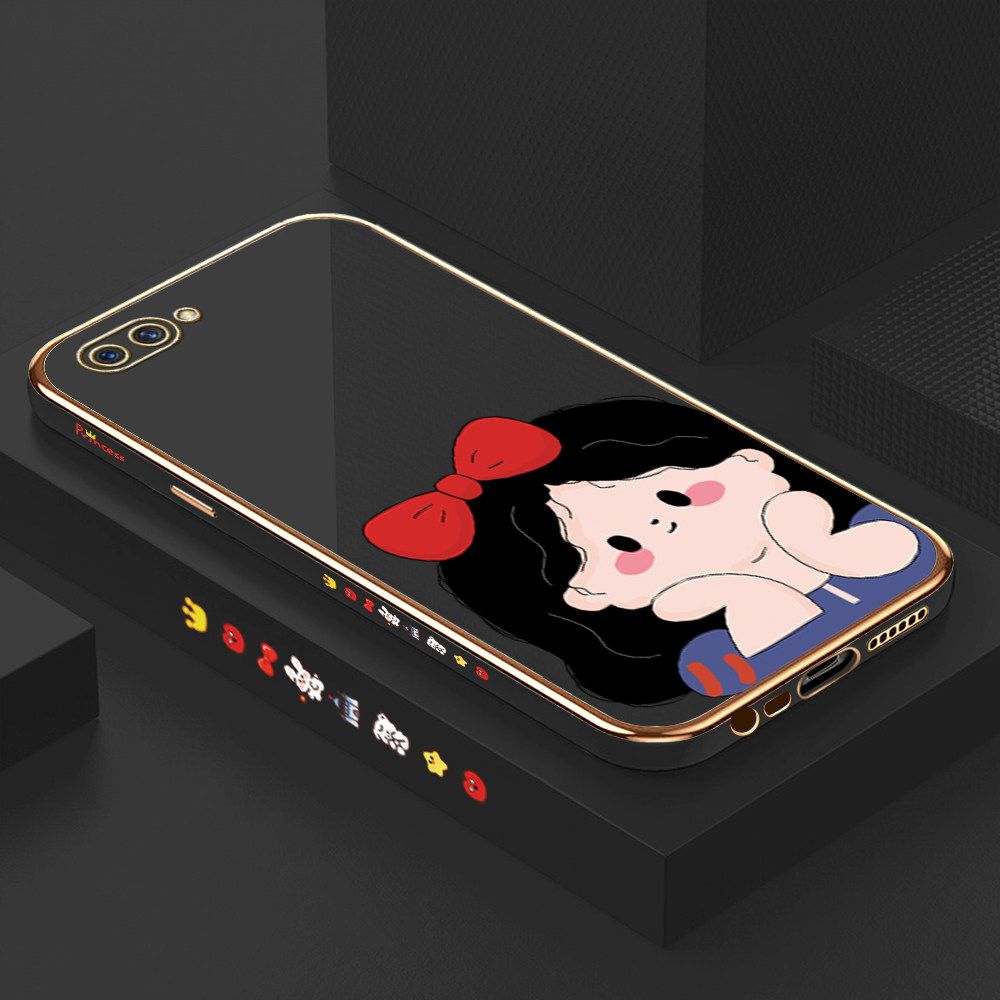 Luxury 6D Plating Soft Casing Silicone Square Frame Phone Case For OPPO A12E Case Shiny Bling Back Cover Cartoon Cute Bow Girl Square Edge Pattern Design Soft Case + Free Lanyard