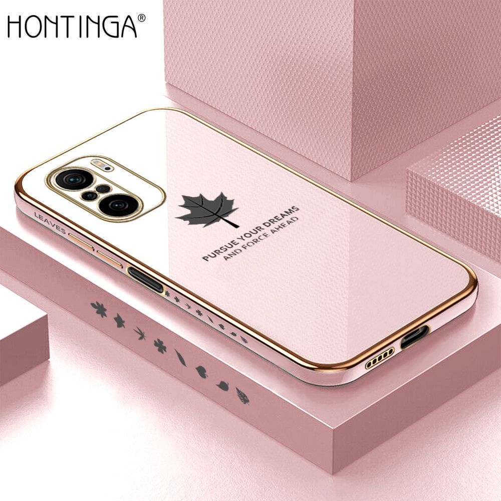 Hontinga for Redmi K40 / K40 Pro / Xiaomi Poco F3 Back Cover + Free Lanyard Luxury 6D Plating Shiny Maple leaf Phone Case Soft Silicone Square Mobile Cover