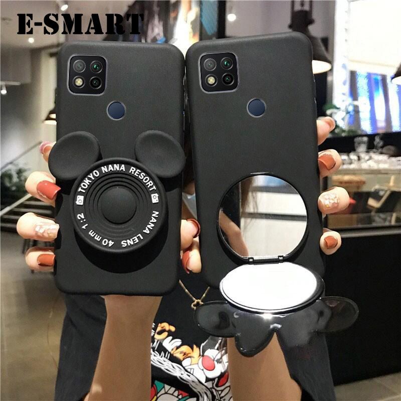 Phone Case Redmi 9 Dual Camera Back Cover Cute Cartoon Camera Stand Holder Silicone Soft Cases for Redmi9 Dual Camera Makeup Mirror Phone Cover Case
