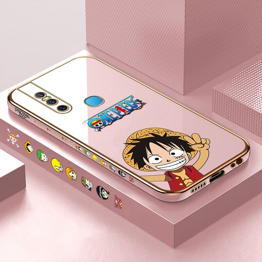 Luxury 6D Plating Case for Vivo V15 Happy Luffy Side Pattern Back Cover Soft Silicone Square Phone Cases + Free Lanyard
