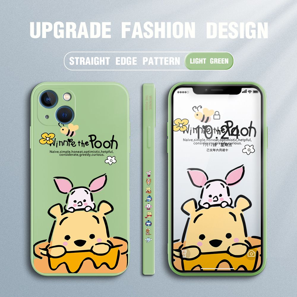 Jizetin for iPhone 13 Case Side Design Phone Cover Lovely Cartoon Pooh Bear Cover Square Edge Pattern Liquid Silicone Trend Case