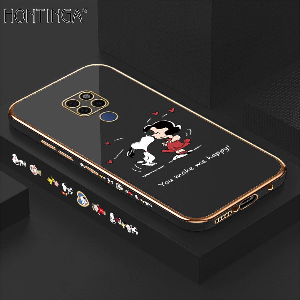 Hontinga for Huawei Mate 20 Case Luxury 6D Plating Soft Casing Silicone Square Frame Phone Cases Shiny Bling Side Print Happy Puppy and Girl Phone Cover