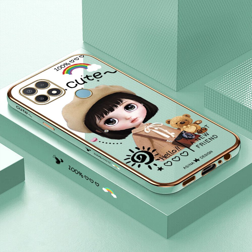 Luxury 6D Plating Soft Casing Silicone Square Frame Phone Case For OPPO A15S Case Shiny Bling Back Cover Cute Girl With Shoulder Bag Square Edge Pattern Design Soft Case + Free Lanyard
