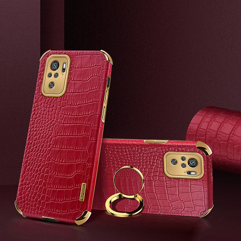 Luxury Plated Crocodile Pattern Leather Holder Phone Case For Xiaomi Redmi Note 10 / Redmi Note 10S Magentic Car Ring Stand Cover