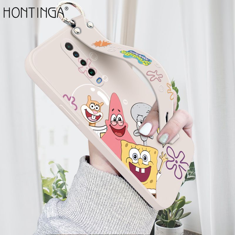 Hontinga for Xiaomi Redmi K30 Wrist Strap Case Cute Cute Funny Cartoon Sponge for Square Pants Cover Square Edge Liquid Silicone Anti-drop Phone Case