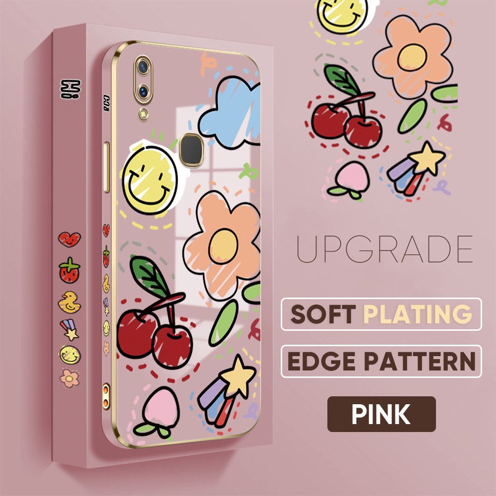 TA for Vivo Y85 V9 Z1 Z1i Back Cover + Free Lanyard Colorful Fruit Painting Luxury 6D Plating Case Side Pattern Soft Silicone Square Phone Cases