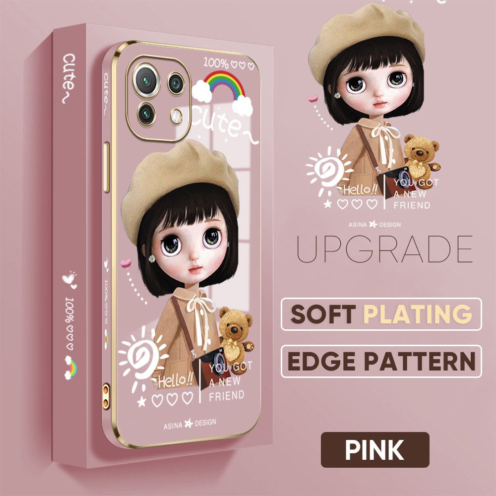 Jizetin (Free Lanyard) Xiaomi 11 Lite 5G NE Luxury 6D Plating Soft Casing Silicone Square Frame Phone Case Shiny Bling Back Cover Cute Sunshine Girl New design Side Drawing Case