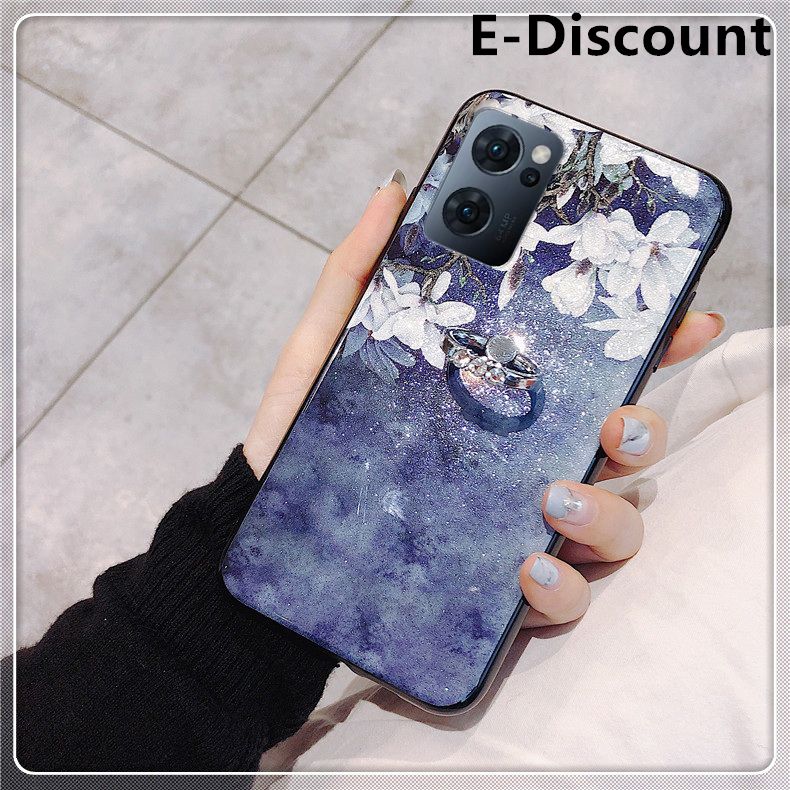 For OPPO Reno 7 Case Flowers Gardenia & Magnolia Bling Glitter Soft Silicone Protector Cover with Finger Ring Holder OPPO Reno7 Back Cover
