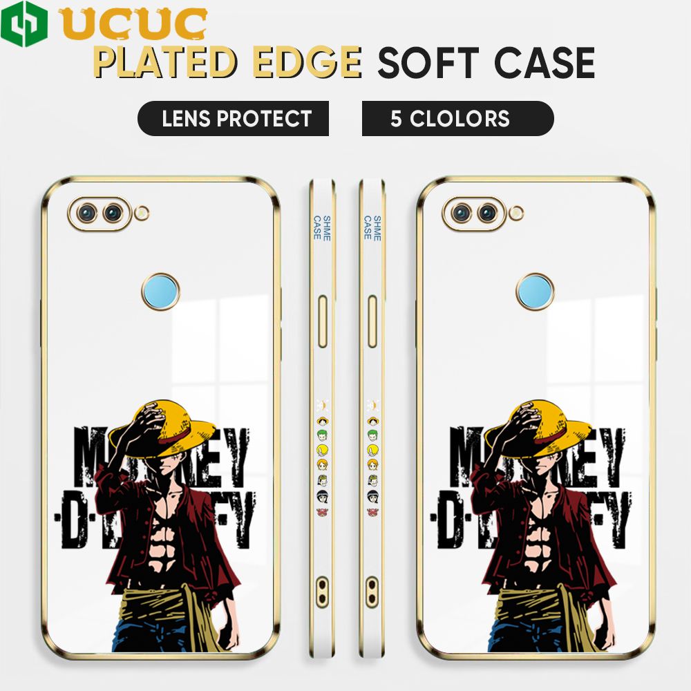 UCUC for Realme U1 Cover Holding Cap Luffy Luxury 6D Plating Soft Casing Silicone Square Frame Phone Case Shiny Bling Back Cover + Free Lanyard
