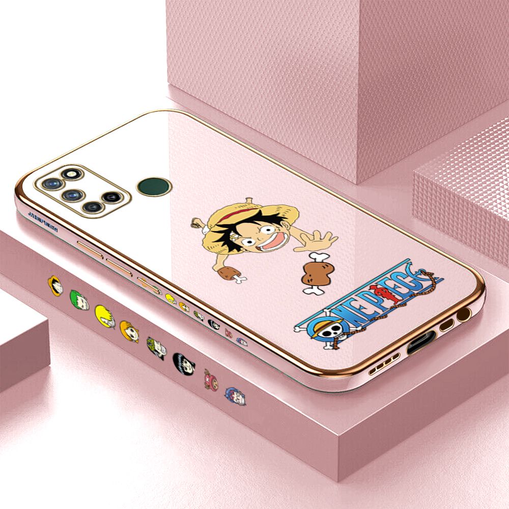 Luxury 6D Plating Case for Realme 7I C17 Cartoon Meaty Luffy Side Pattern Back Cover Soft Silicone Square Phone Cases + Free Lanyard