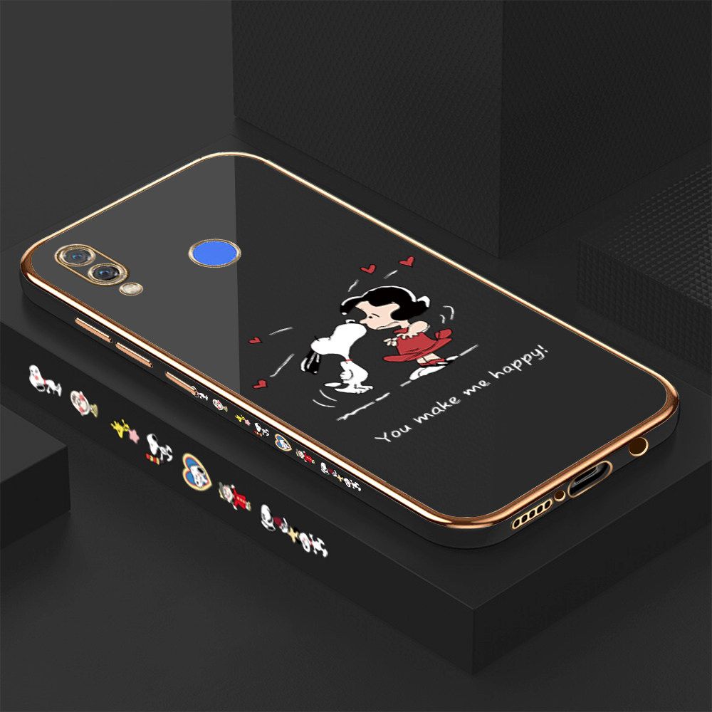 Luxury 6D Plating Case for Huawei Nova 3 Happy Cartoon Puppy Side Pattern Back Cover Soft Silicone Square Frame Shiny Bling Phone Cases + Free Lanyard