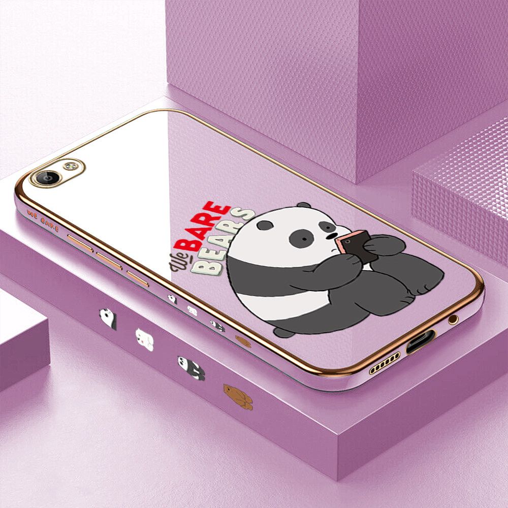 Luxury 6D Plating Case for Vivo Y65 Cartoon Panda Side Pattern Back Cover Soft Silicone Square Frame Shiny Bling Phone Cases + Free Lanyard