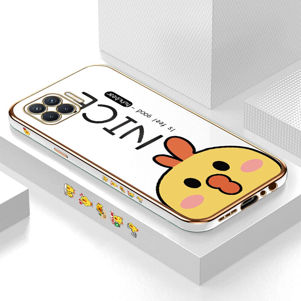Luxury 6D Plating Case for OPPO Reno4 F Cartoon Cute Doodle Chicken Side Pattern Back Cover Soft Silicone Square Phone Cases + Free Lanyard