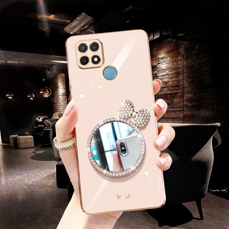 For OPPO A15 / OPPO A15S Back Cover + Bowknot Makeup Mirror Fashion Shiny Plating Square Bumper Bling Girls Phone Case Soft TPU Silicone Shockproof Back Cover