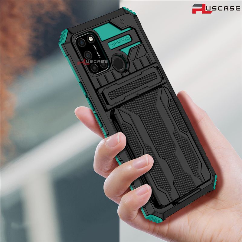 PlusCase for Realme C17 / Realme 7i Case Card Slot Holder Lens Protect Casing Kickstand Shockproof Phone Back Cover