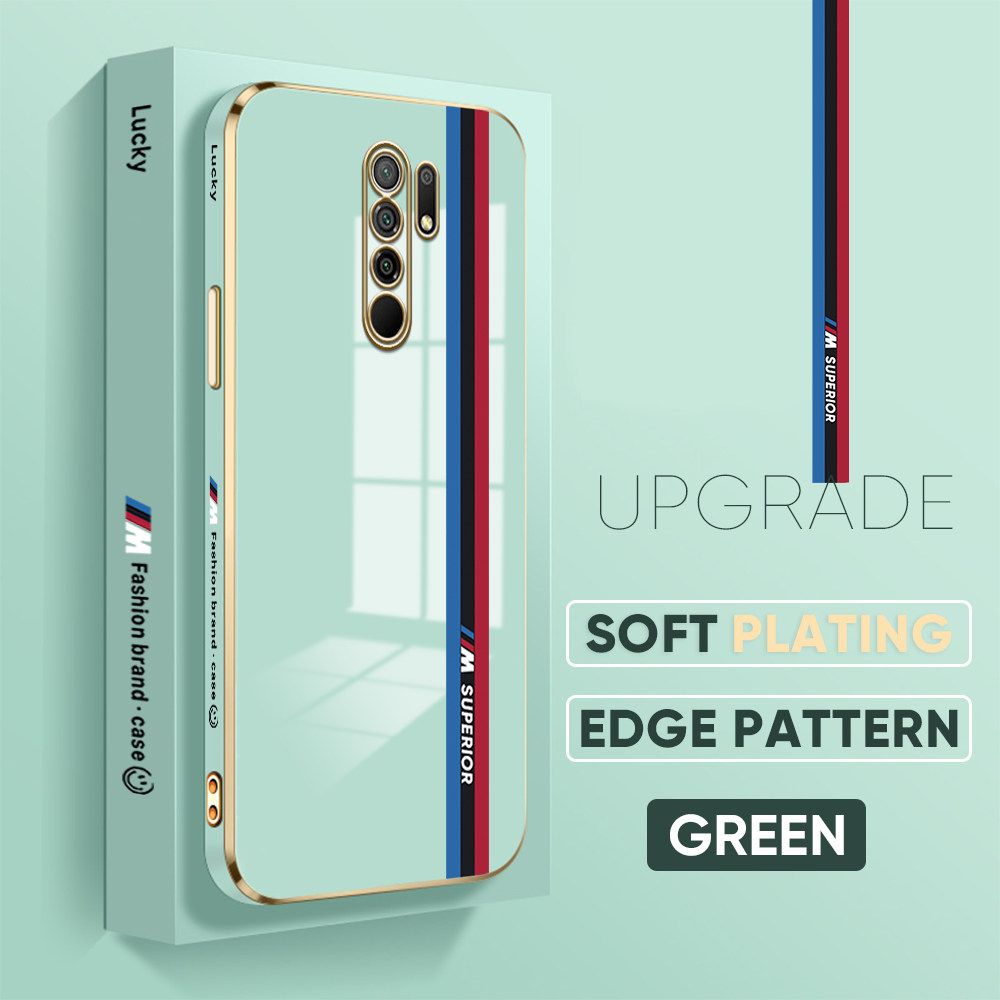 Jizetin (Free Lanyard) Redmi 9 Back Cover Car Track Luxury 6D Plating Case Side Pattern Soft Silicone Square Mobile Phone Cases
