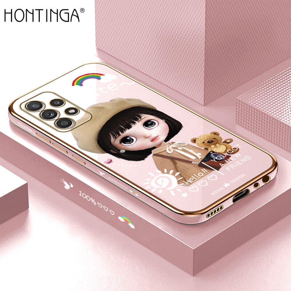 Hontinga for Samsung Galaxy A52 5G / 4G / A52S 4G Case + Free Lanyard Luxury 6D Plating Cute Satchel Girl Side Pattern Soft Back Cover Silicone Square Phone Cases