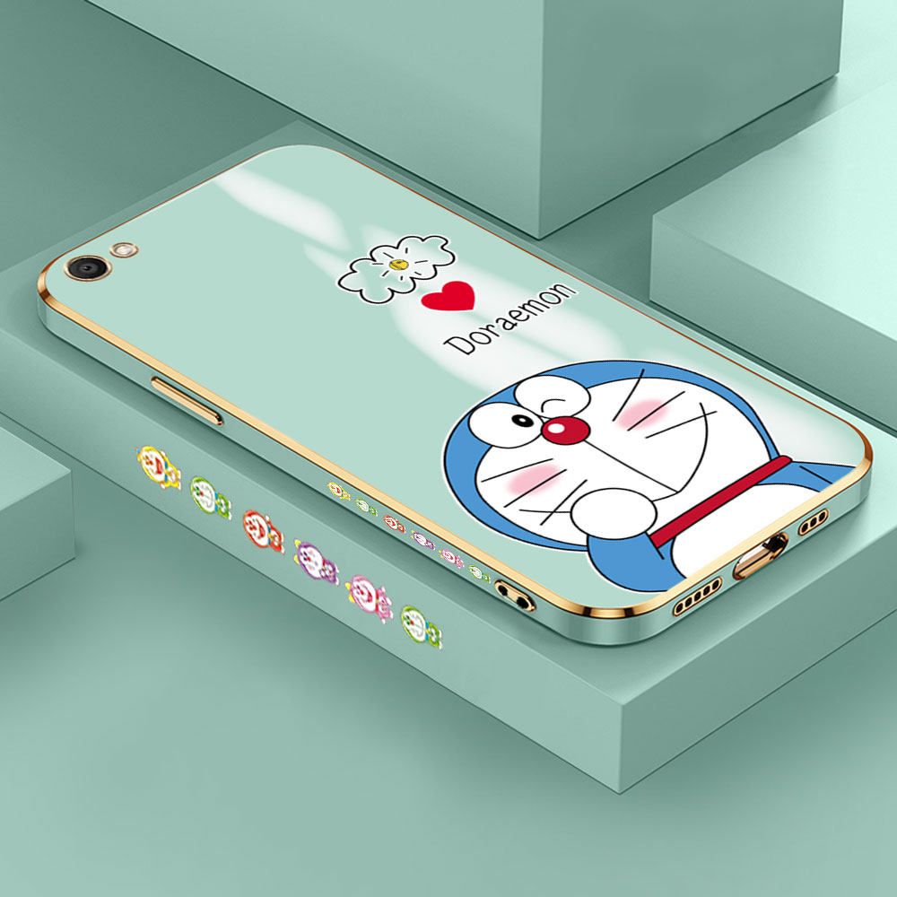 Hontinga for Vivo V5 / V5S / V5 Lite Back Cover + Free Lanyard Luxury 6D Plating Grinning Cartoon Cat Side Pattern Case Soft Silicone Square Mobile Cover