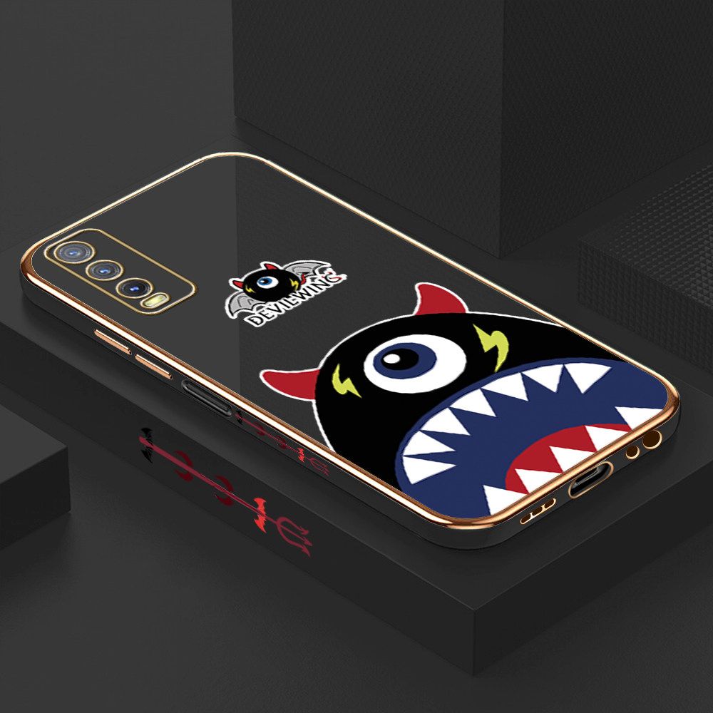 Luxury 6D Plating Case for Vivo Y20S Cartoon One-eyed Devil Wing Side Pattern Back Cover Soft Silicone Square Frame Shiny Bling Phone Cases + Free Lanyard