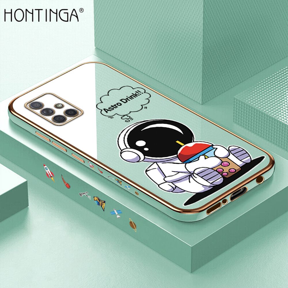 Hontinga for Samsung A71 4G Back Cover + Free Lanyard Luxury 6D Plating Cartoon Happy Astronaut Side Pattern Case Soft Silicone Square Mobile Cover