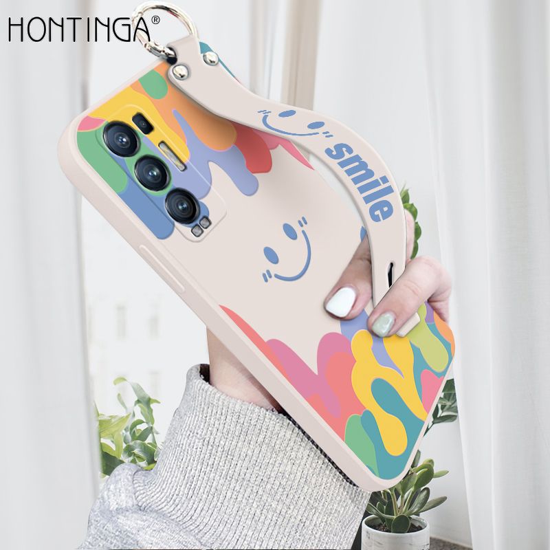 Hontinga for OPPO Reno5 Pro Plus 5G Wrist Strap Case Soft Candy Color Splash Ink Cover Trend Square Printed Pattern Liquid Silicone Phone Case