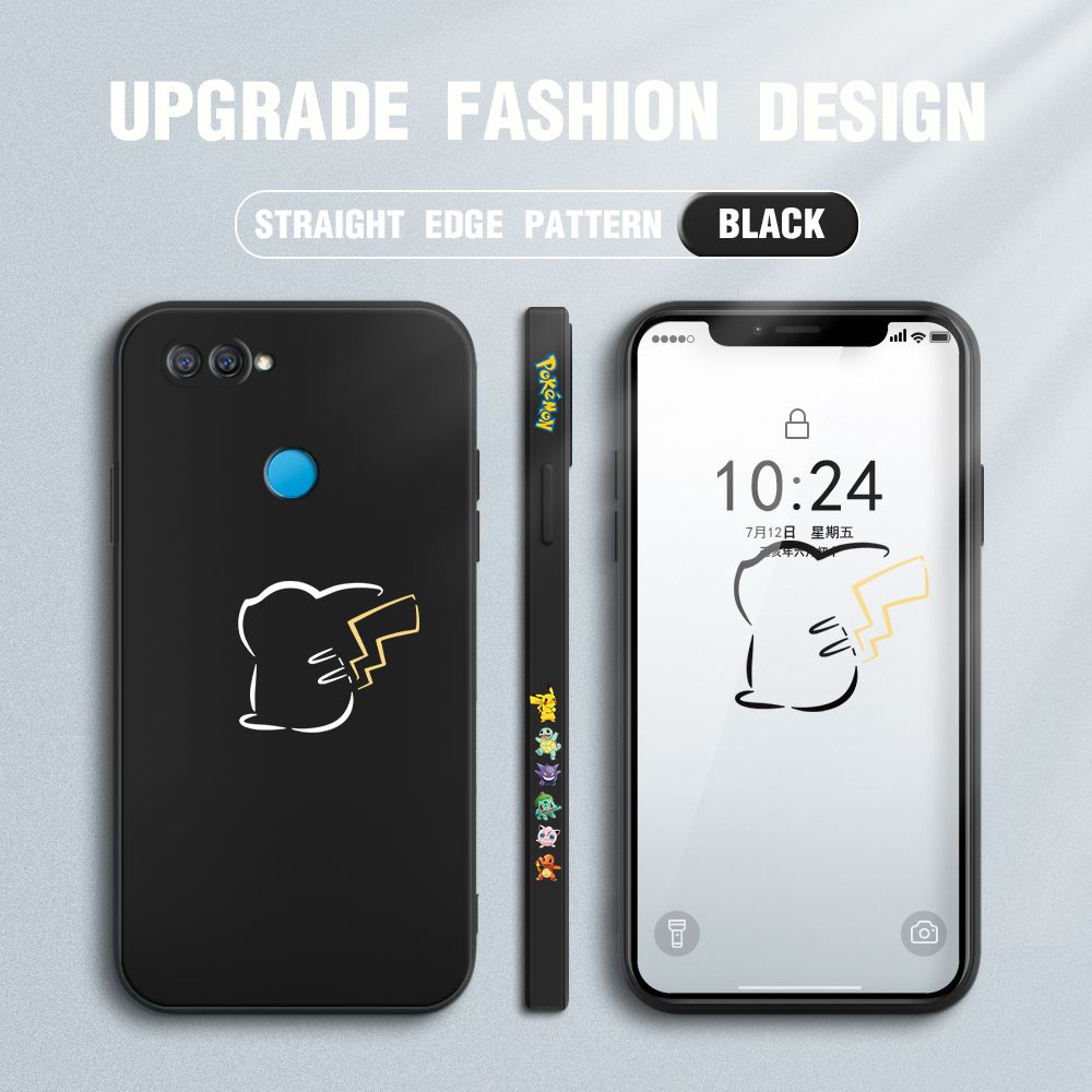Jizetin for OPPO A12 Case New Pikachu Pokémon Design Side Design Phone Case Square Edge Pattern Liquid Silicone Cases Full Cover Camera Soft Protection Case