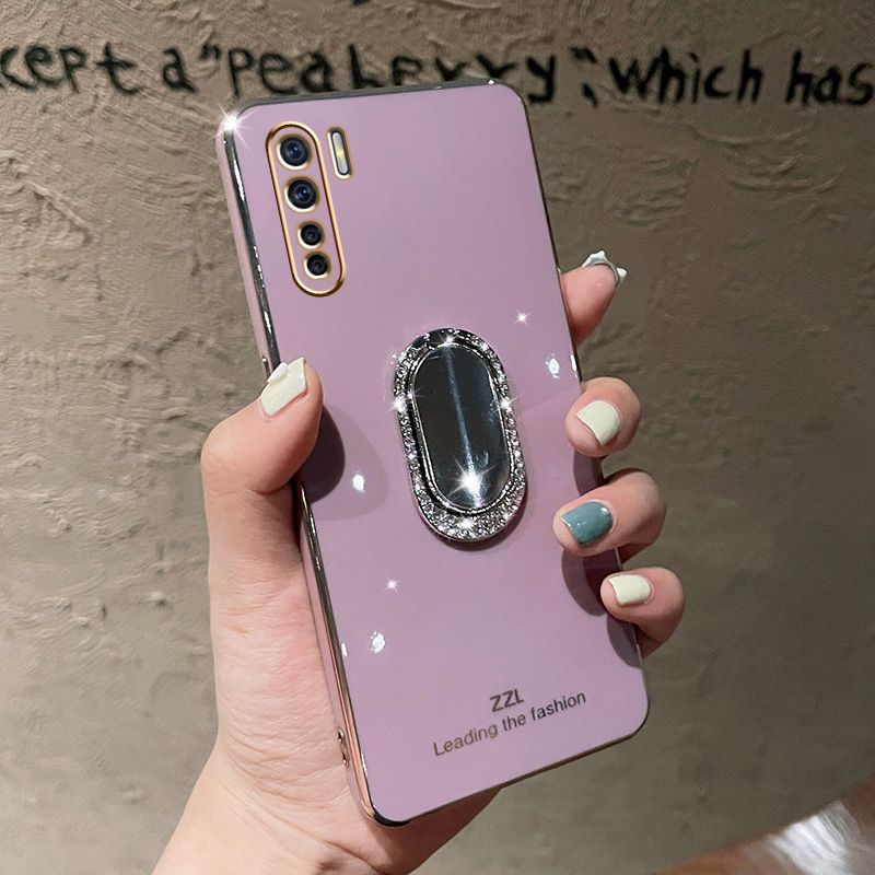 For OPPO F15 / OPPO Reno3 Back Cover + Rhinestone Ring Holder Stand Shiny Plating Square Bumper Girls Phone Case Soft TPU Silicone Shockproof Protective Cover