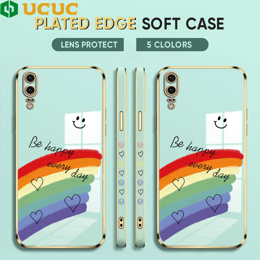 UCUC for Huawei P20 Back Cover + Free Lanyard Rainbow Doodle Luxury 6D Plating Case Side Pattern Soft Silicone Square Phone Cases
