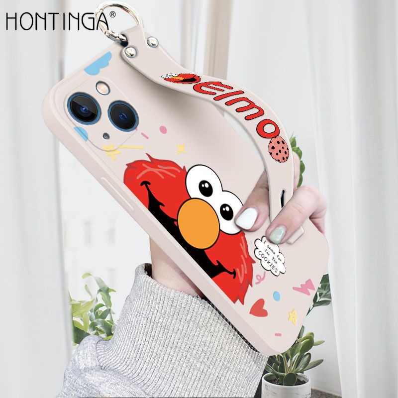Hontinga for iPhone 13 Mini Wrist Strap Case Cute Cute Cartoon Little Monster Phone Cover Square Edge Liquid Silicone Case Full Cover Camera Shockproof Protective Cases