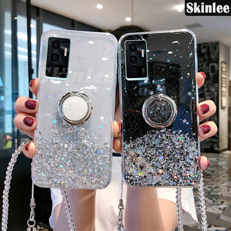 Phone Case for VIVO V23E Glitter Starry Sky Bling Ring Lanyard Shiny Soft Cases for VIVO V23E Transparent Holder Stand Back Cover Stars Girls