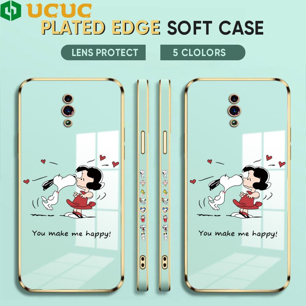 UCUC for OPPO Reno Back Cover + Free Lanyard Happy Puppy Luxury 6D Plating Case Side Pattern Soft Silicone Square Phone Cases