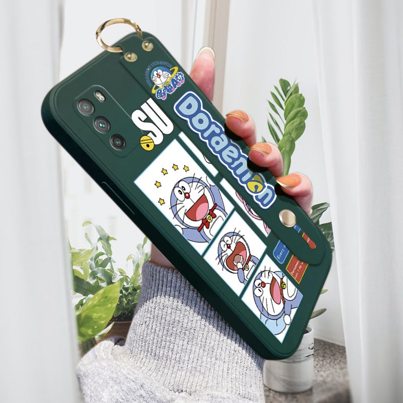 Jizetin for Xiaomi Poco M3 Back Cover Cute Doraemon Wrist Strap Phone Case Candy Color shock proof Protective Phone Cases