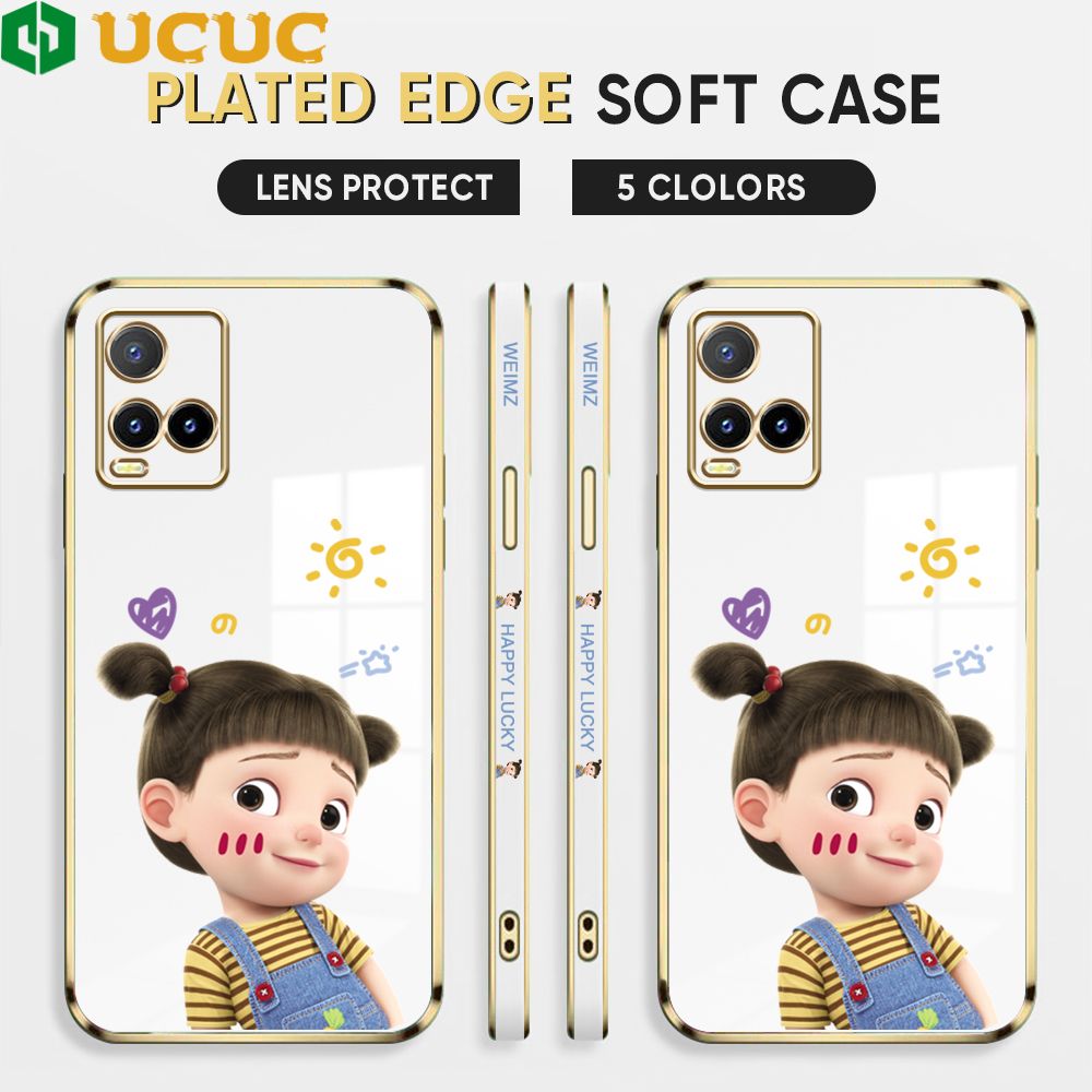 UCUC for Vivo Y21 2021 / Y21S / Y33S / Y21A / Y21T / Y33T / T1X Back Cover + Free Lanyard Lovely Girl Luxury 6D Plating Case Side Pattern Soft Silicone Square Phone Cases