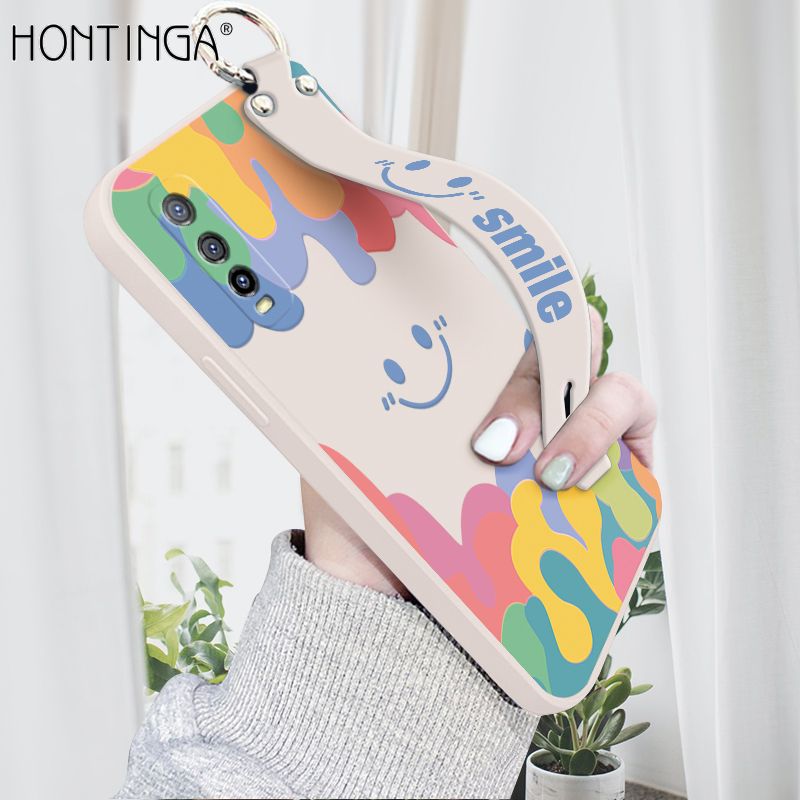 Hontinga for Y51S Y70S Y70T Wrist Strap Case Soft Candy Color Splash Ink Cover Trend Square Printed Pattern Liquid Silicone Phone Case