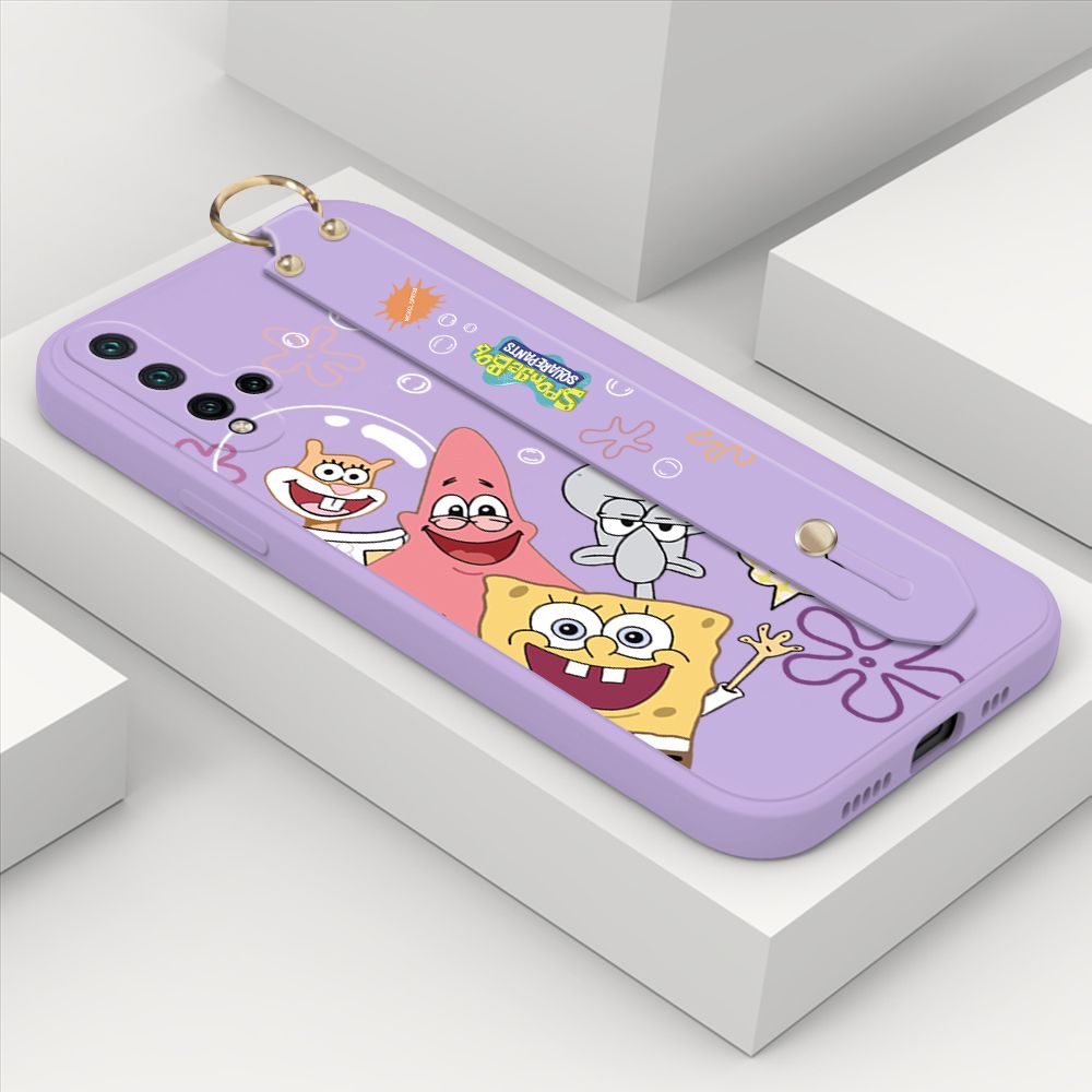 ZeroQiQi for Huawei Nova 5 Wrist Strap Case Cute Cute Funny Cartoon Sponge for Square Pants Cover Square Edge Liquid Silicone Anti-drop Phone Case