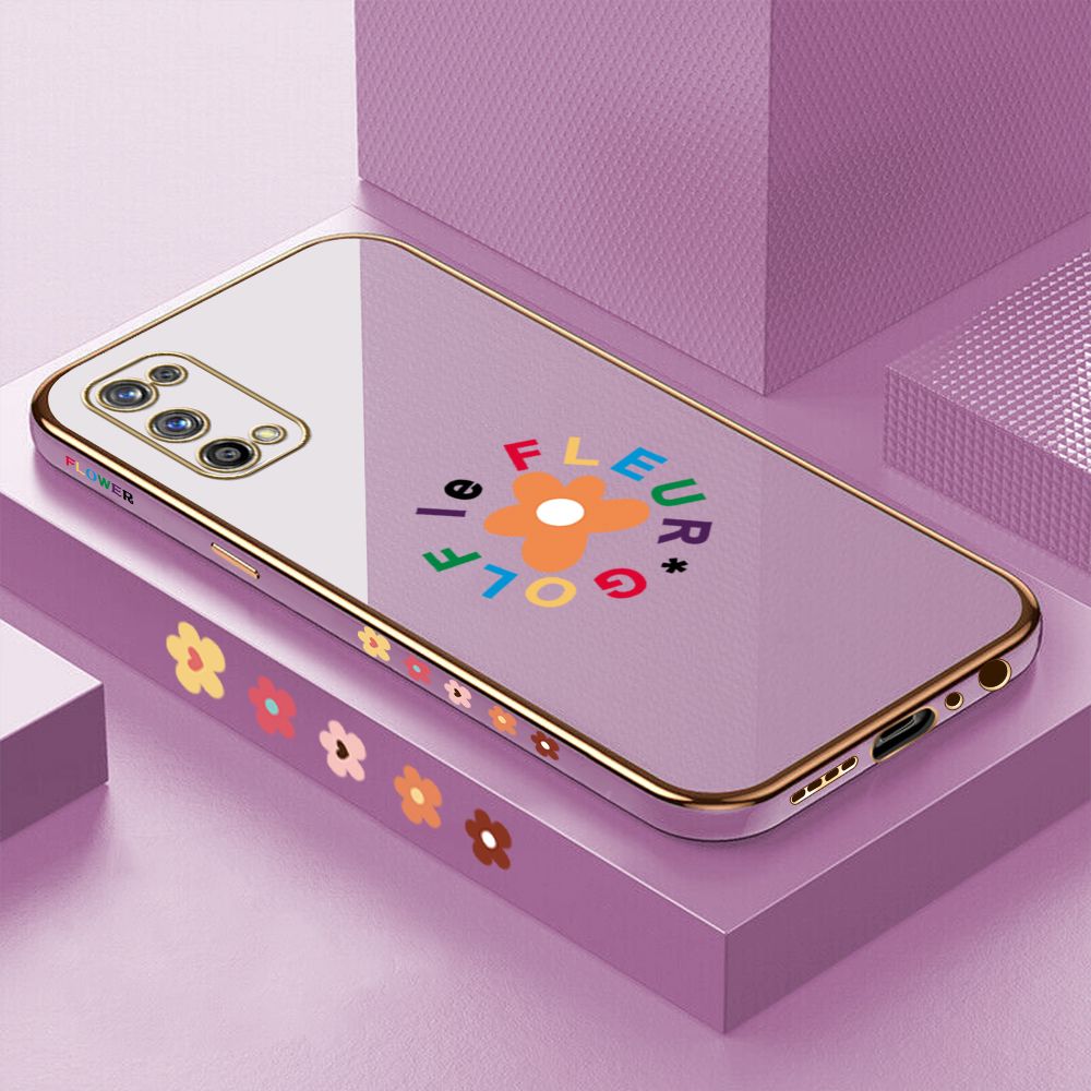 Luxury 6D Plating Case for Realme 7 Pro Cartoon Flower Side Pattern Back Cover Soft Silicone Square Phone Cases + Free Lanyard