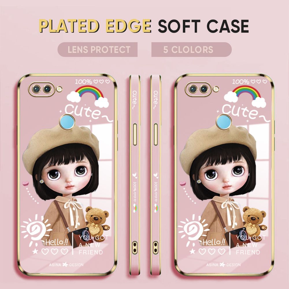 Luxury 6D Plating Case for OPPO F9 Phone Cases Satchel Girl Side Print Soft Silicone Square Back Cover