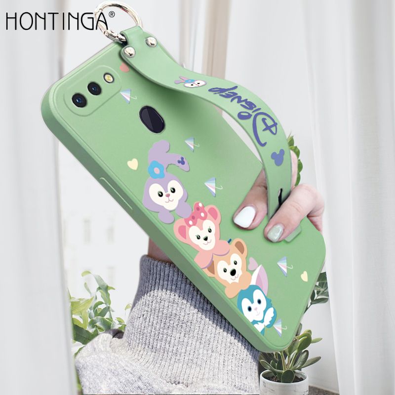 Hontinga for OPPO R15 Wrist Strap Case INS Cute Style Creative Cartoon Rabbit and Fox Cover Thin Square Edge Liquid Silicone Phone Case