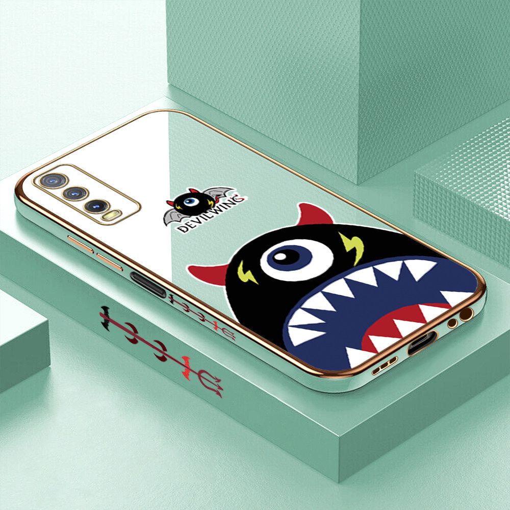 Luxury 6D Plating Case for Vivo Y12S Cartoon One-eyed Devil Wing Side Pattern Back Cover Soft Silicone Square Frame Shiny Bling Phone Cases + Free Lanyard
