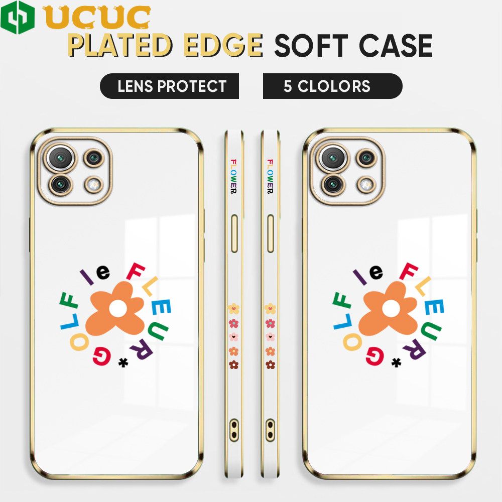 UCUC for Xiaomi Mi 11 Lite 5G / Mi 11 Lite / 11 Lite 5G NE Back Cover + Free Lanyard Colorful Flower Luxury 6D Plating Case Side Pattern Soft Silicone Square Phone Cases