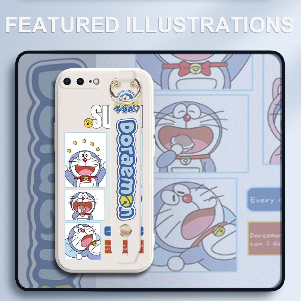 UCUC for iPhone 8 Plus Wrist Strap Case Creative Cartoon Doraemon's Daily Life Cover Ultra Thin Anti Fall Liquid Silicone Phone Case
