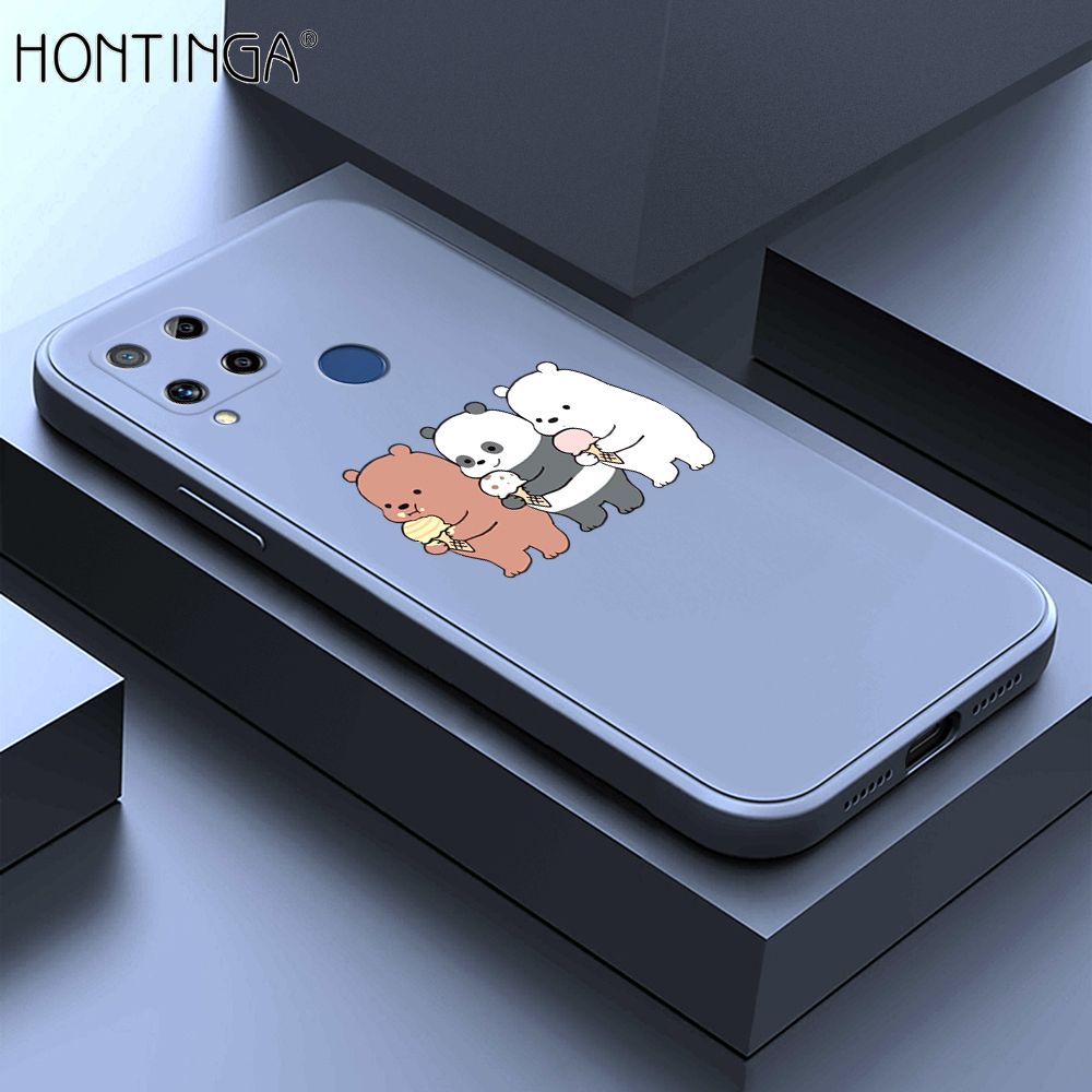 Hontinga for Realme C15 Case Cute Cartoon Bear  Phone Case Soft Square Edge Silicone Cases Full Lens Cover Shockproof Protection Cover