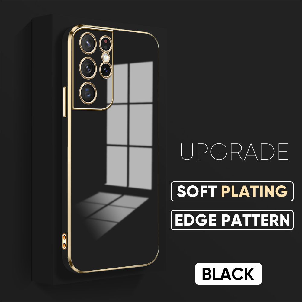 TA for Samsung S21 Ultra 5G Cover Luxury 6D Plating Soft Casing Silicone Square Frame Phone Case Shiny Bling Back Cover + Free Lanyard