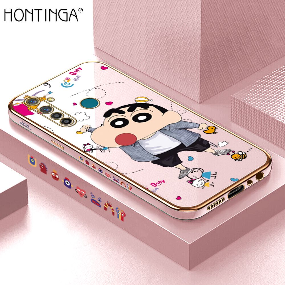 Hontinga for Realme 5 Pro Back Cover + Free Lanyard Luxury 6D Plating Cartoon Crayon Shin-chan Side Pattern Case Soft Silicone Square Phone Cases