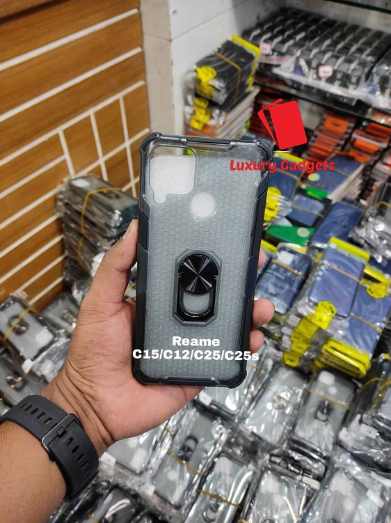 Realme C12 / C15 / C25 / C25s / 7i (Global) / Narzo 20 / Narzo 30A - Luxury Armor Ring Metal Stand Holder With Soft Silicone TPU Frame Transparent Phone Back Cover Case